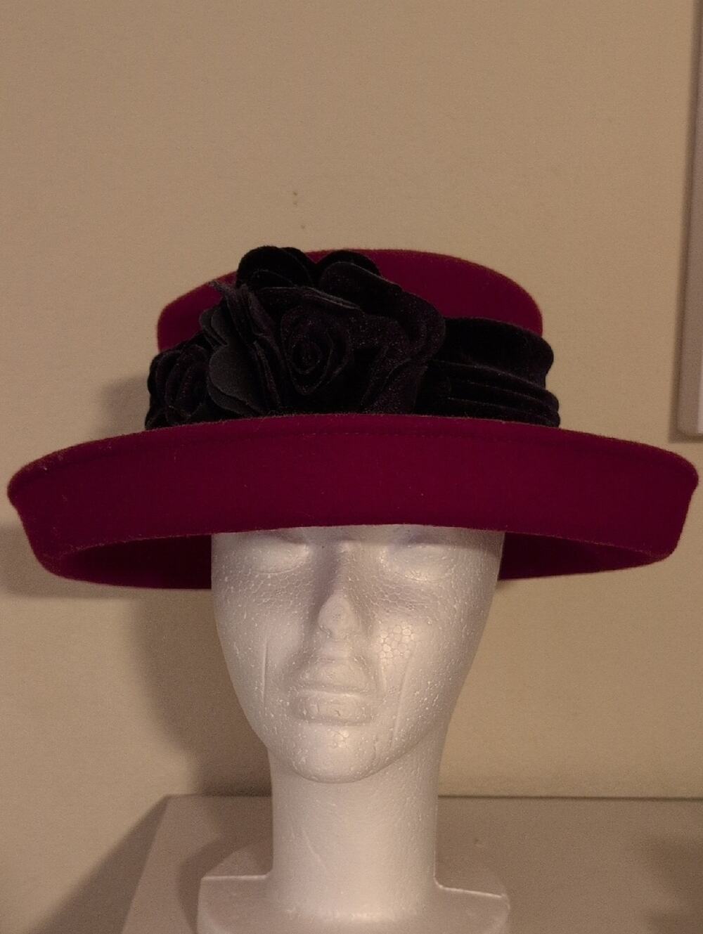 Jenny Buchanan Vintage Red Hat Society Felt Derby Wool Hat Dark Purple Roses